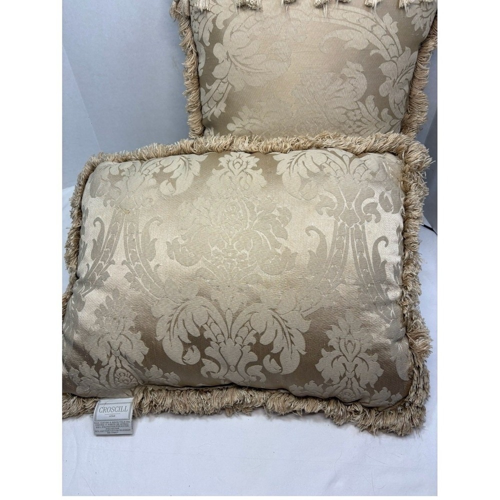 Croscill Home Damask Throw Pillows Gold Champagne Tassel Fringe Set of 2 - Picture 5 of 6